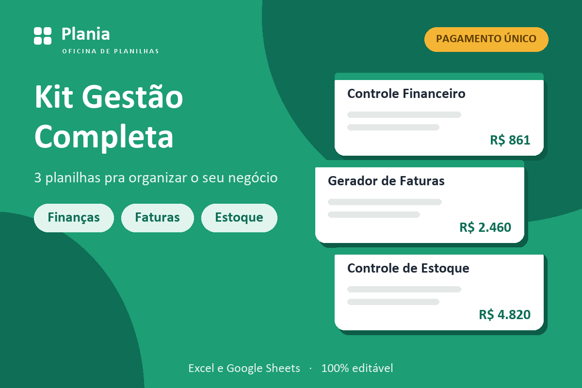 Kit Gestão Completa da Plania com as três planilhas: Controle Financeiro, Gerador de Faturas e Controle de Estoque
